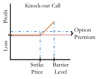 A figure showing a line graph demonstrating the profit and loss of a knock-out call option.