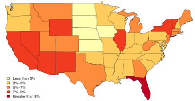 A figure showing a heatmap of the United States demonstrating the fractions of loans reported as owner-occupied that misreport occupancy status.