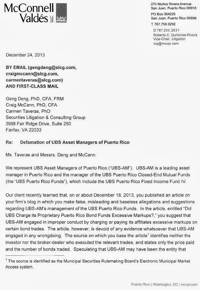 A figure showing the first page of a letter sent to SLCG from UBS Puerto Rico's lawyers demanding our cease and desist.