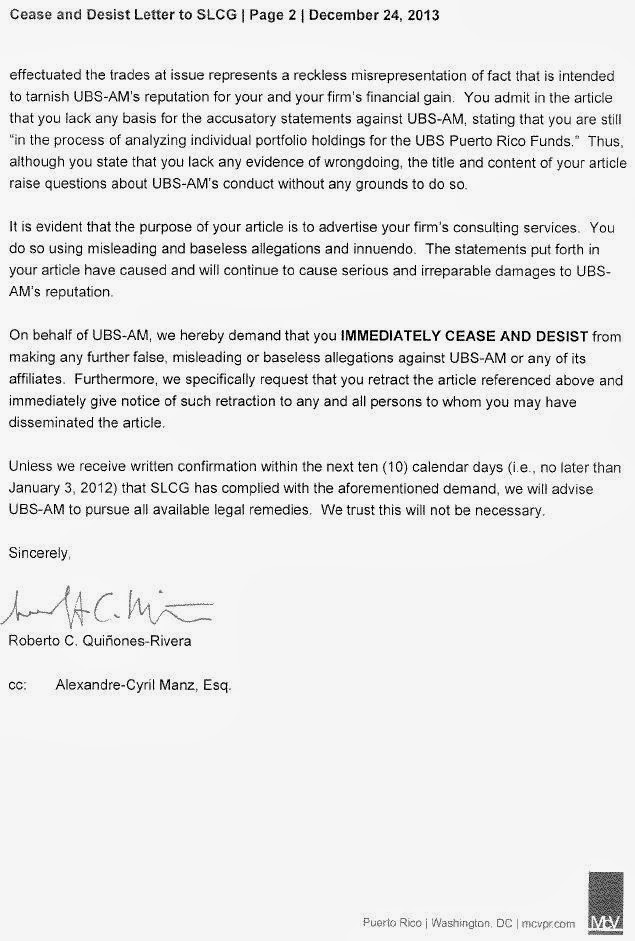 A figure showing the second page of a letter sent to SLCG from UBS Puerto Rico's lawyers demanding our cease and desist.