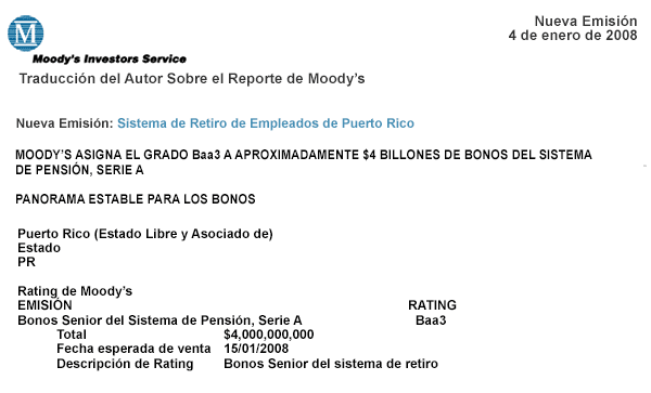 A figure showing a screenshot of a Moody's report showing ERS and UBS were intending to issue $4 billion of ERS POBs in the two weeks left in January 2008 and another $3 billion later in the year.