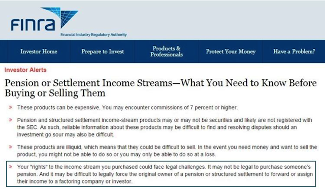 A figure showing a screenshot of FINRA's website talking about pensions and settlement income streams.