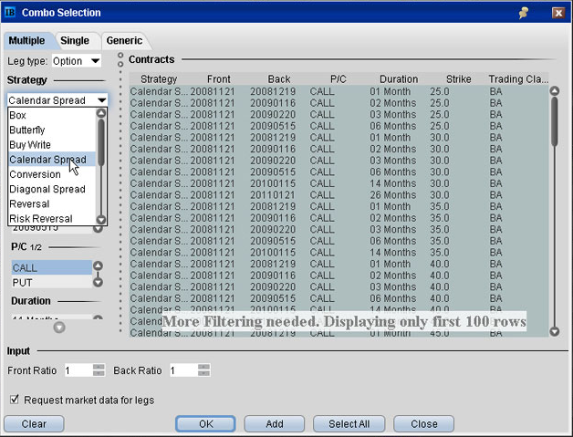 A figure showing a screenshot of the Interactive Brokers Spread Order Combo Selection.