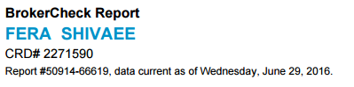A figure showing a screenshot of FINRA's BrokerCheck report for Fera Shivaee.