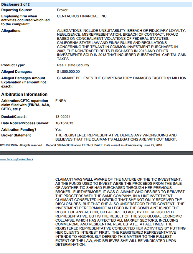 A figure showing a screenshot of FINRA's BrokerCheck disclosure for Fera Shivaee.