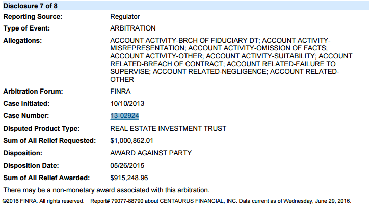 A figure showing a screenshot of FINRA's BrokerCheck disclosure for Centaurus Financial.