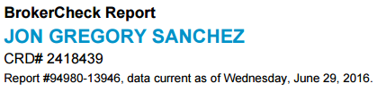 A figure showing a screenshot of FINRA's BrokerCheck report for Jon Sanchez.