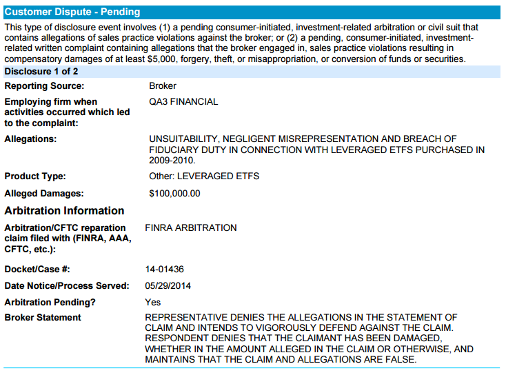 A figure showing a screenshot of FINRA's BrokerCheck disclosure for Jon Sanchez.