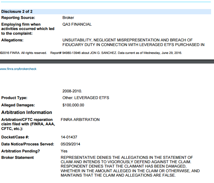 A figure showing a screenshot of FINRA's BrokerCheck disclosure for Jon Sanchez.