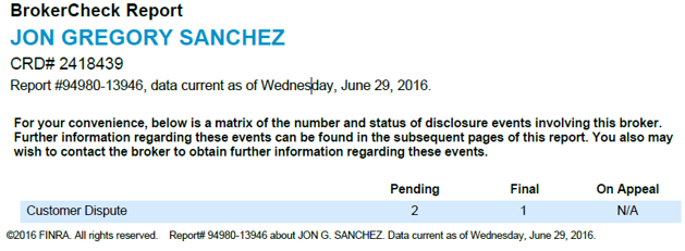 A figure showing a screenshot of FINRA's BrokerCheck report for Jon Sanchez from last week.