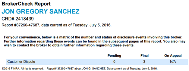 A figure showing a screenshot of FINRA's BrokerCheck report for Jon Sanchez from this week.