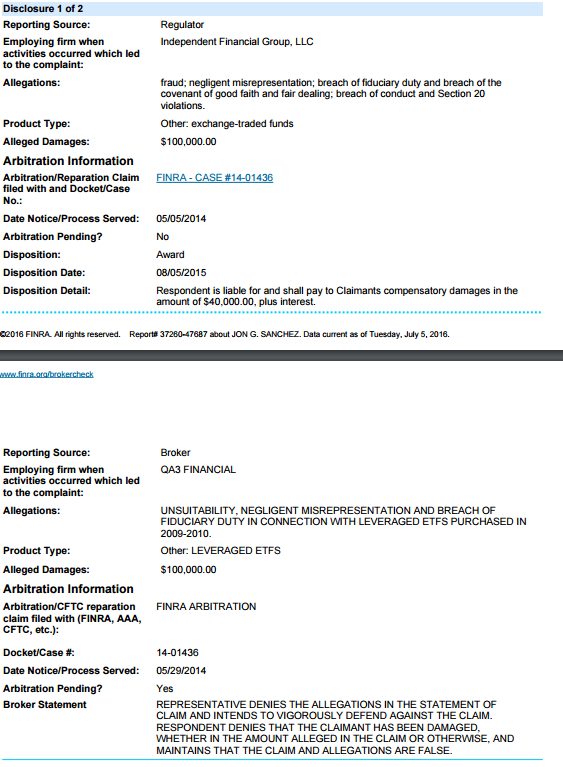 A figure showing a screenshot of FINRA's BrokerCheck disclosure for Jon Sanchez being updated by FINRA itself.