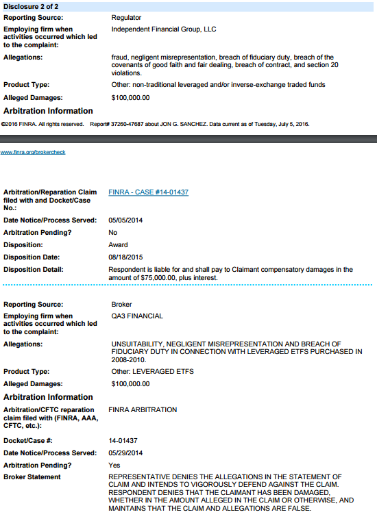 A figure showing a screenshot of FINRA's BrokerCheck disclosure for Jon Sanchez being updated by FINRA itself