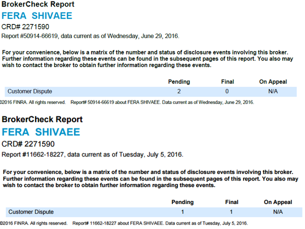 A figure showing a screenshot of FINRA's BrokerCheck report for Fera Shivaee from last week and this week.