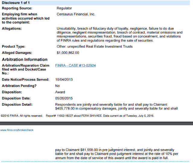 A figure showing a screenshot of FINRA's BrokerCheck disclosure for Fera Shivaee.