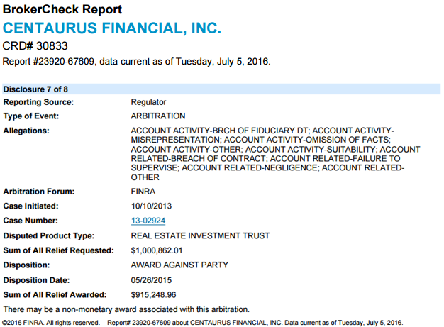 A figure showing a screenshot of FINRA's BrokerCheck disclosure for Centaurus Financial.