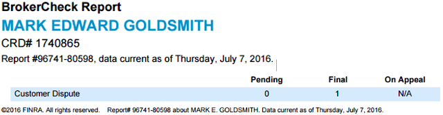 A figure showing a screenshot of FINRA's BrokerCheck report for Mark Goldsmith with a financial disclosure listed.