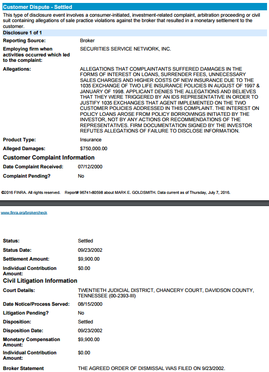 A figure showing a screenshot of a customer dispute on FINRA's BrokerCheck page for Mark Goldsmith.