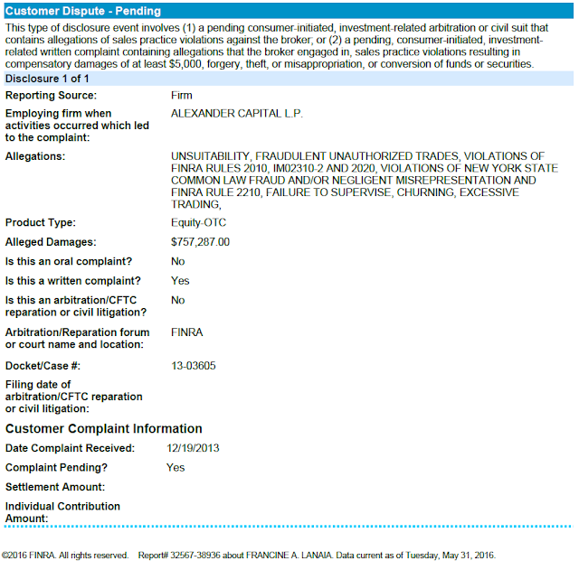 A figure showing a screenshot from a FINRA Case where Francine Lanaia is the respondent.