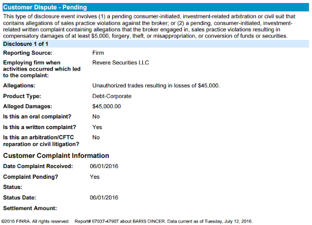 A figure showing a screenshot of a newly filed customer dispute from FINRA's BrokerCheck page for Barris Dincer.