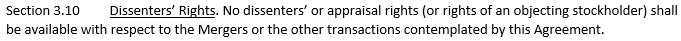 A figure quoting page 22 of the Merger Agreement, ARC Global Trust II tells its objecting shareholders they have no rights.