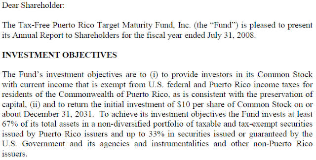 A figure showing an excerpt from UBS Tax Free Puerto Rico Target Maturity Fund Investment Objectives, Annual Report.
