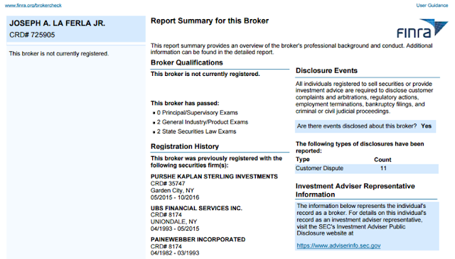 A figure showing a screenshot of FINRA BrokerCheck demonstrating a summary report for Joseph A. La Ferla Jr.