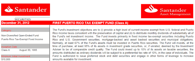 A figure showing a screenshot of a Santander fact sheet for the First Puerto Rico Tax Exempt Fund.