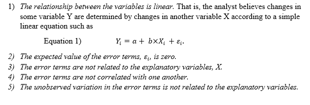 A figure showing a screenshot demonstrating the five key assumptions necessary for OLS regression results to be valid.