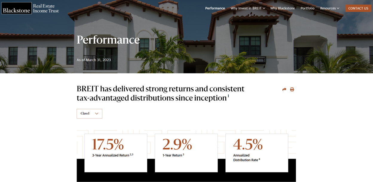 An image of a screenshot showing the Blackstone REITs website, with graphics advertising strong success and statistics indicating fool-proof investment.